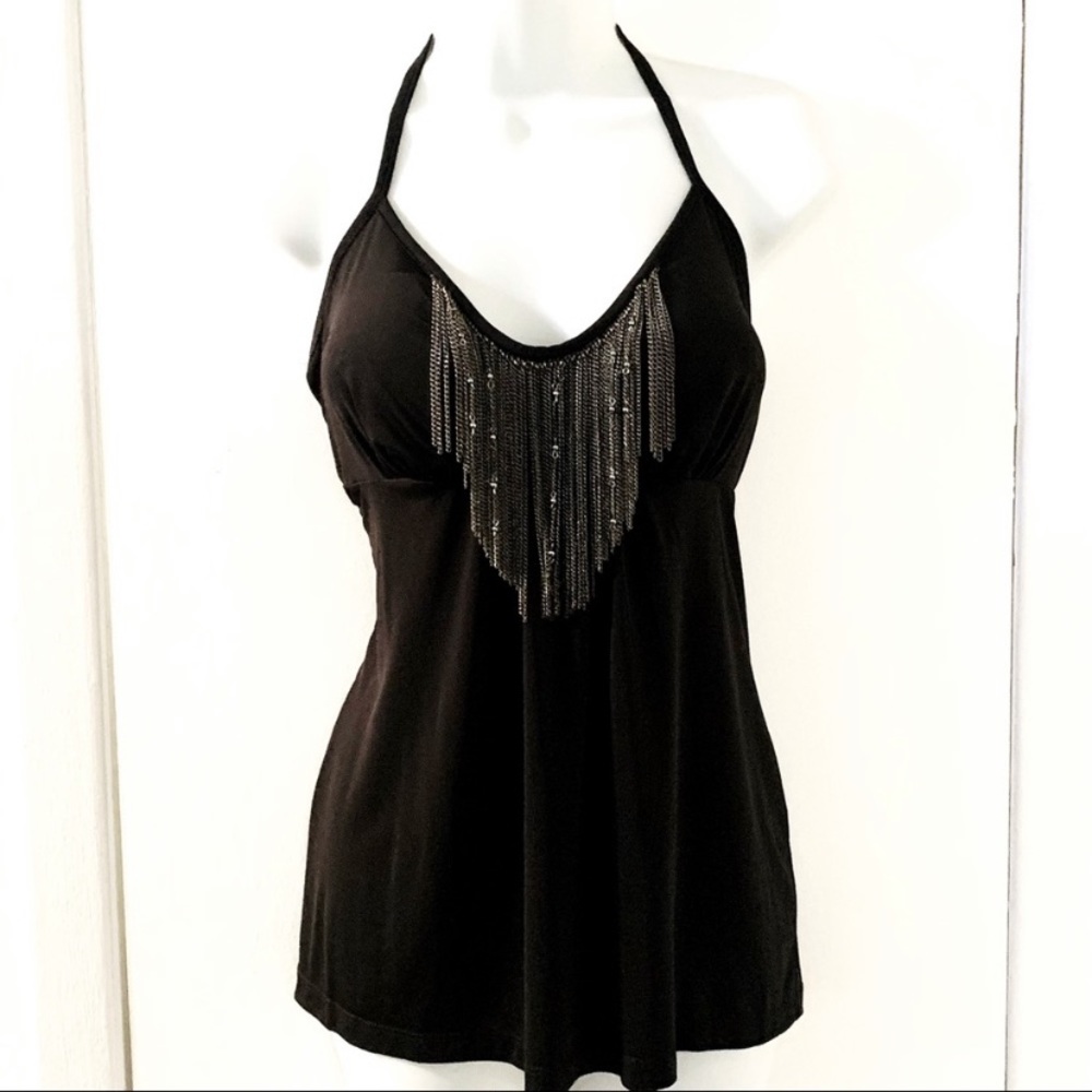 Biker Chic Silver Chain Fringe Black Halter Top Large Excellent Condition